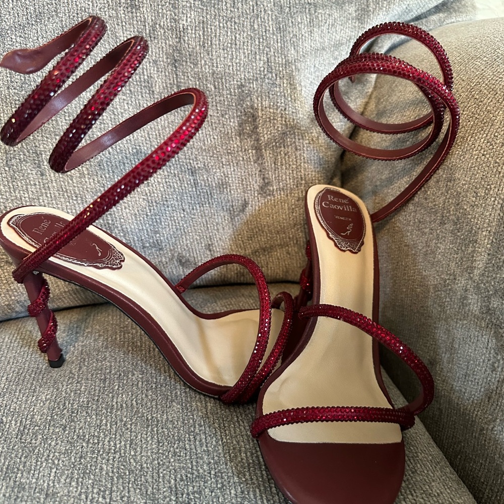 Rene Caovilla Burgundy Red Strappy Crystal Wrap Sandals - Picture 10 of 16
